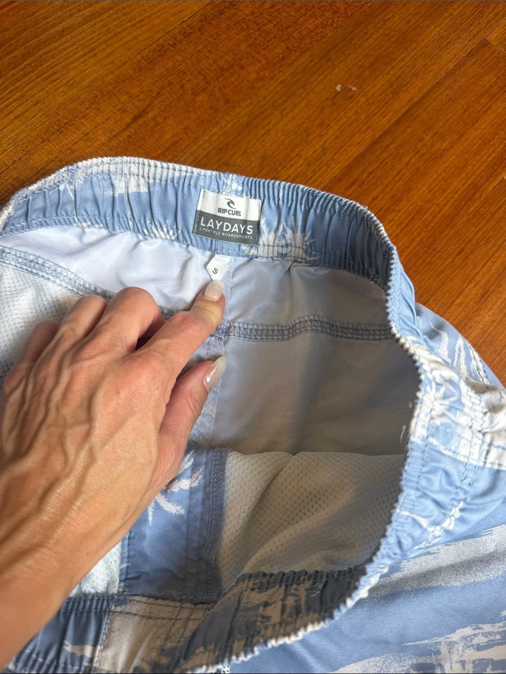 Rip Curl Light Blue and White Palm-Print Swim Trunks